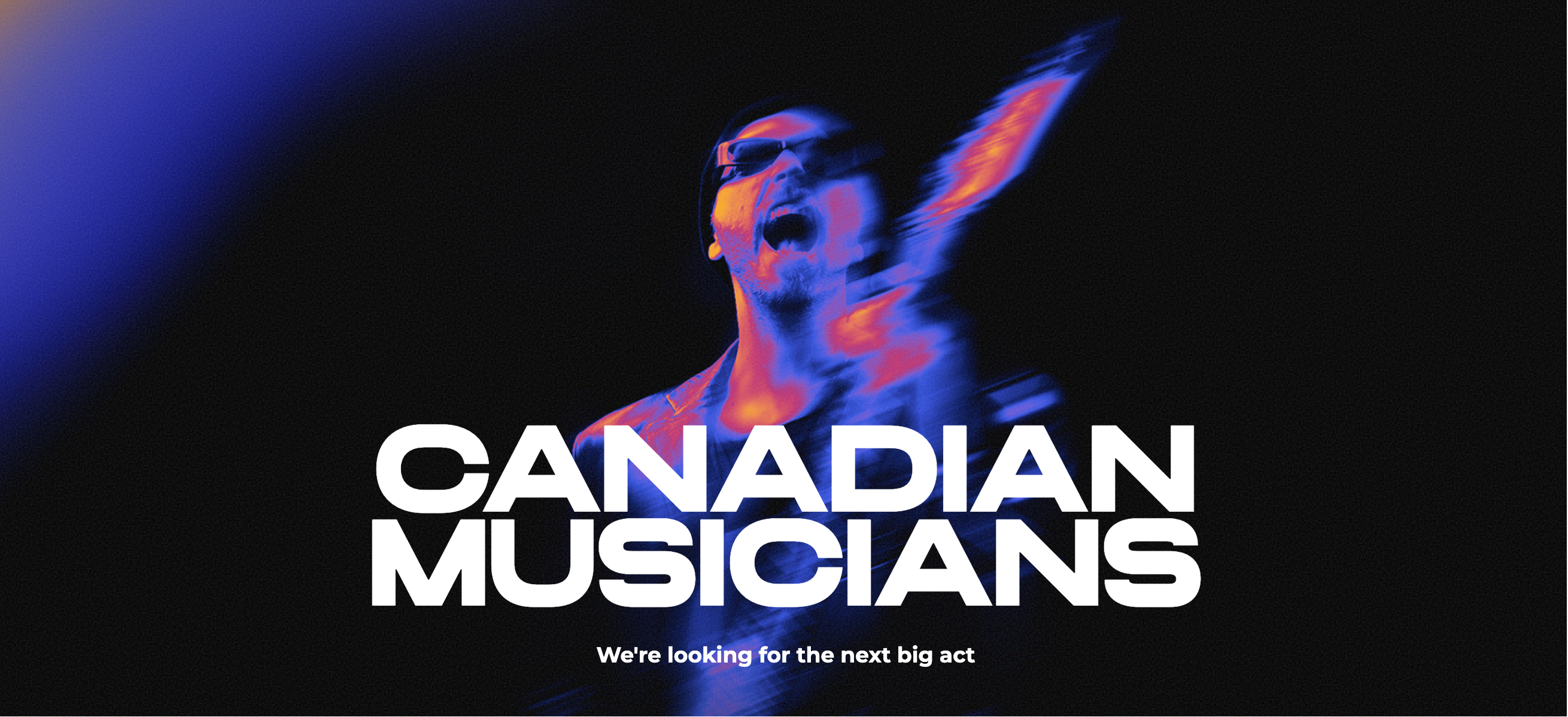 Promotional graphic for Canadian musicians with a stylized image of a person playing guitar against a dark background.